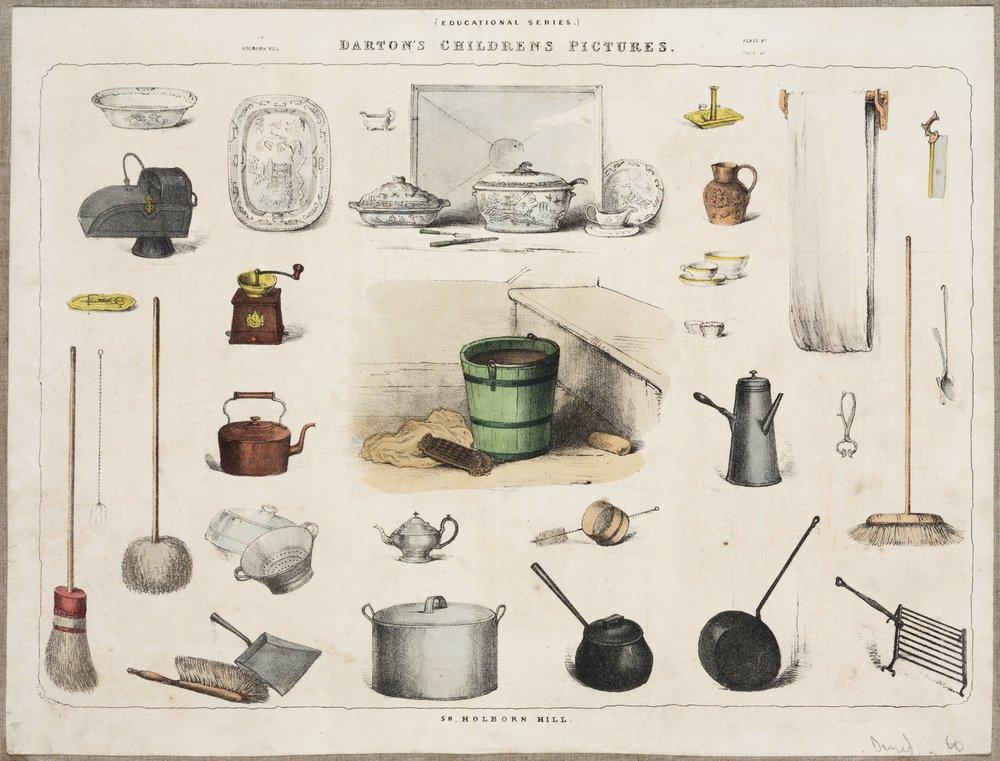 A plate of 19th-century kitchen utensils