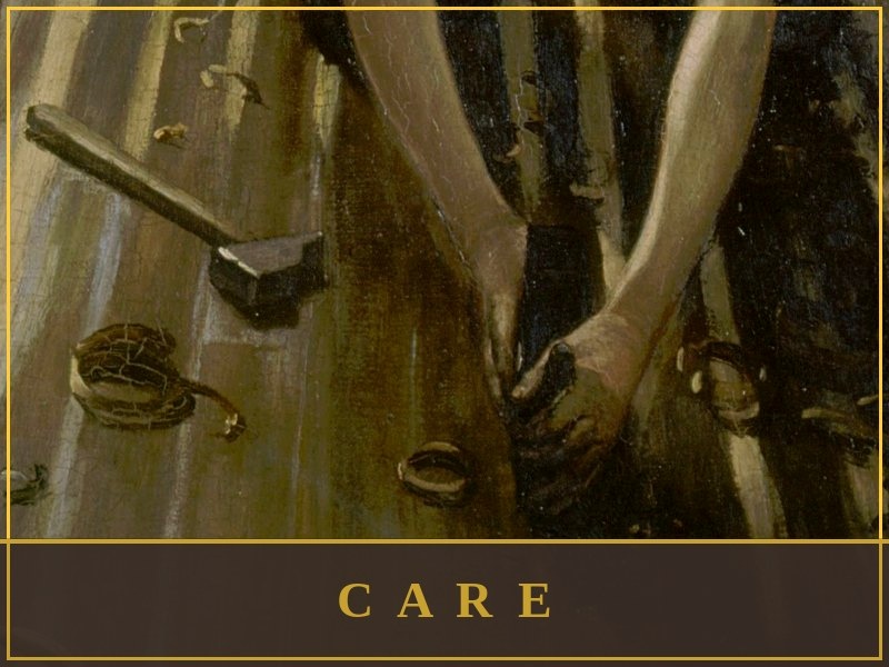 Care - hands and a hammer, after Caillebotte