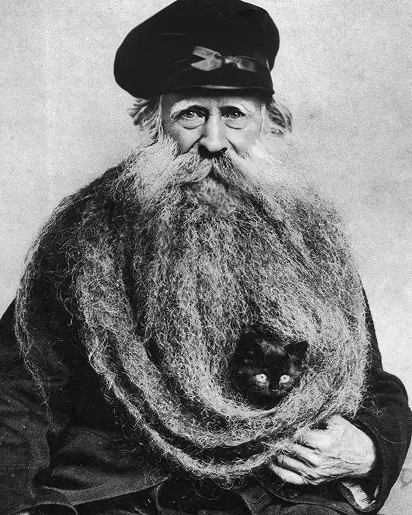 Louis Coulon and his three-metre beard, with a cat asleep in it